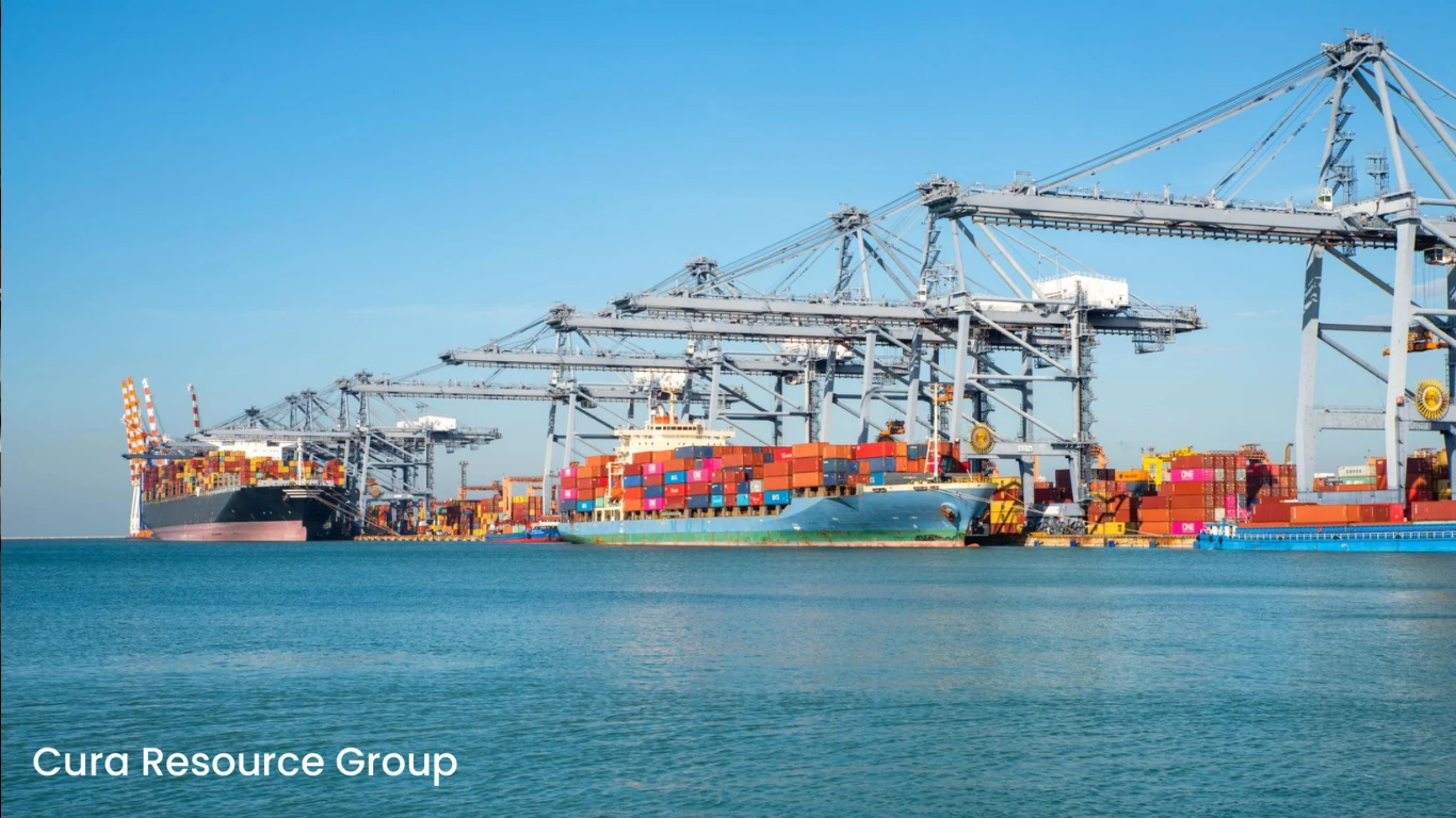 Cargo handling and freight forwarding operations at international shipping port Title:
