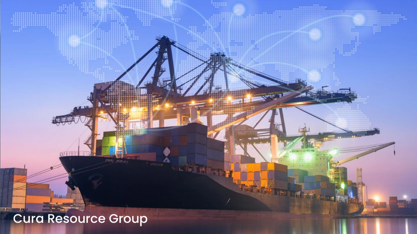 Container ship at port terminal with cranes handling global logistics and trade