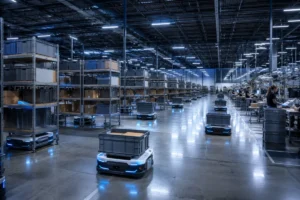 Automated fulfillment center with autonomous mobile robots carrying inventory between shelving racks and workers at packing stations