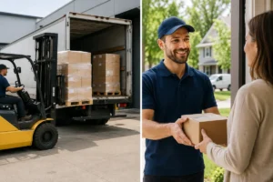 B2B logistics showing forklift loading pallets into a truck versus B2C last mile delivery of a package to a customer's door
