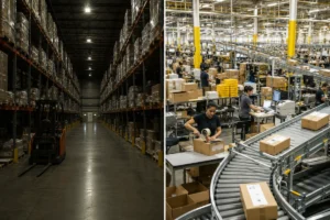 Fulfillment center vs Warehouse comparison showing quiet pallet storage on the left and busy order packing conveyor operations on the right