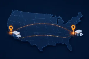 US fulfillment center network map showing east coast and west coast warehouse locations connected by national shipping routes