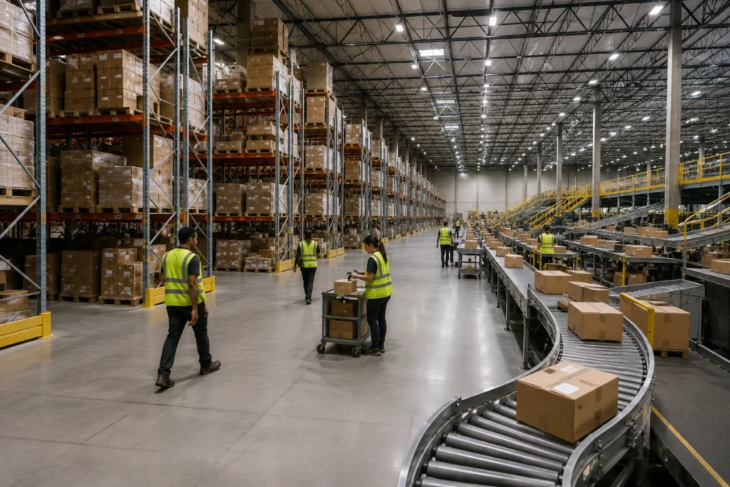 Fulfillment center vs warehouse — side by side comparison of pallet storage warehouse and active ecommerce order fulfillment center with conveyor belts