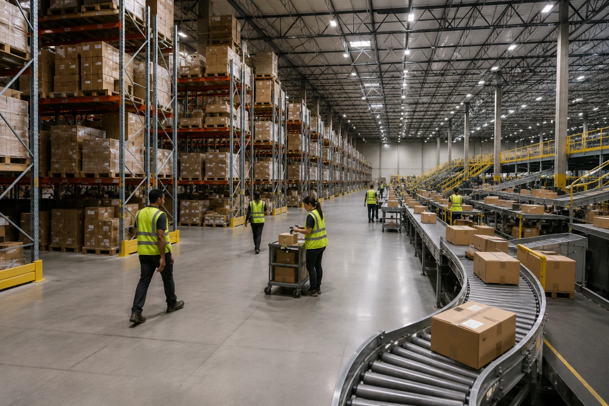 Fulfillment center vs warehouse — side by side comparison of pallet storage warehouse and active ecommerce order fulfillment center with conveyor belts