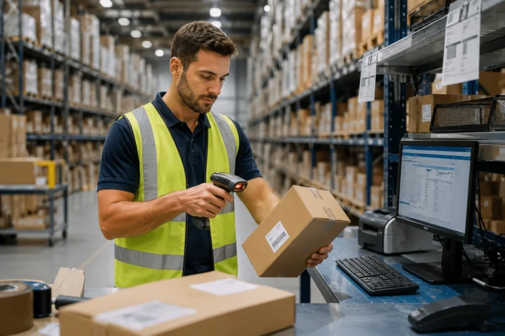 Warehouse worker performing pick and pack services at a fulfillment station