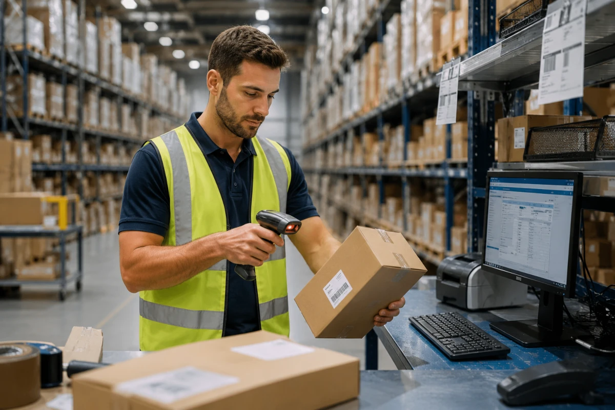Warehouse worker performing pick and pack services at a fulfillment station