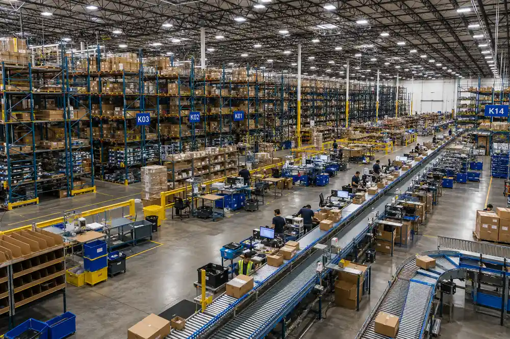 Modern 3PL fulfillment center warehouse with organized shelving and order picking operations