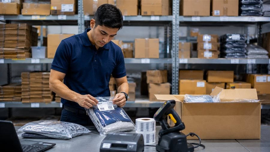 Warehouse worker preparing and labeling products for Amazon FBA at a prep station