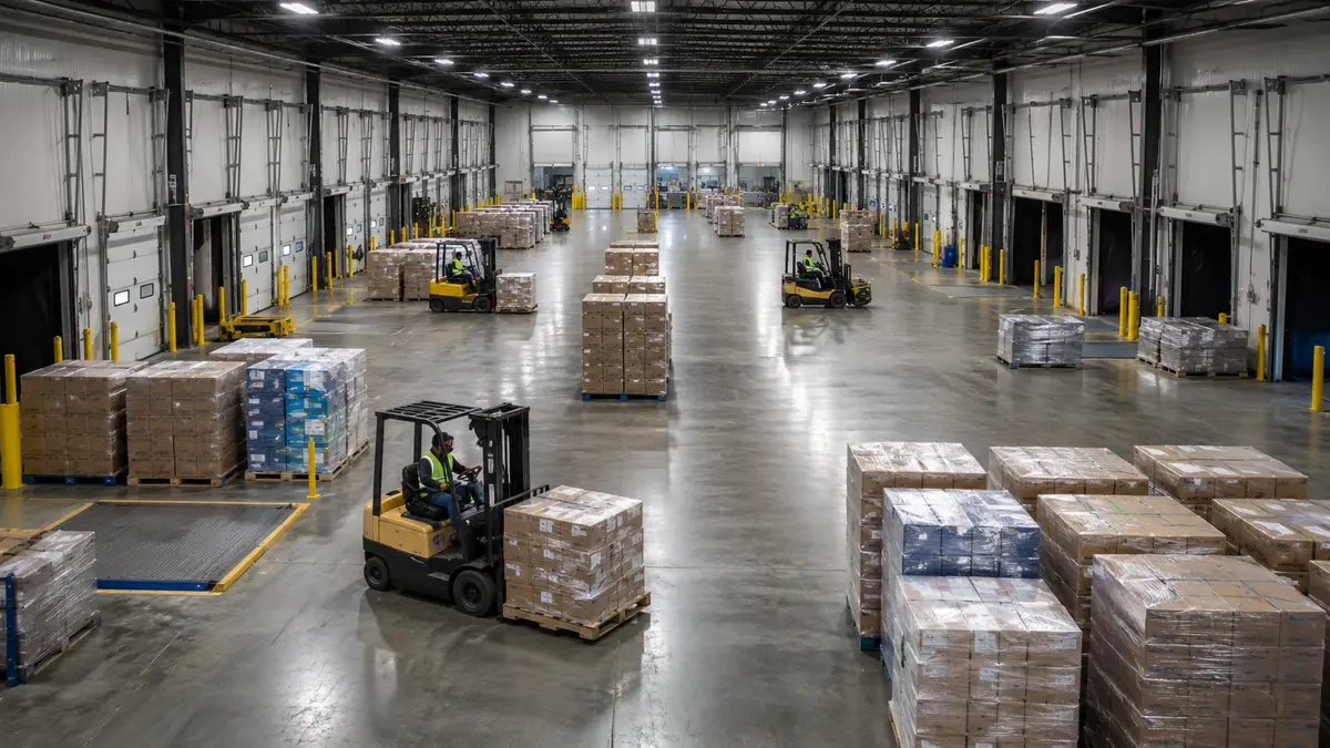 Cross-docking warehouse facility with pallets staged between inbound and outbound dock doors