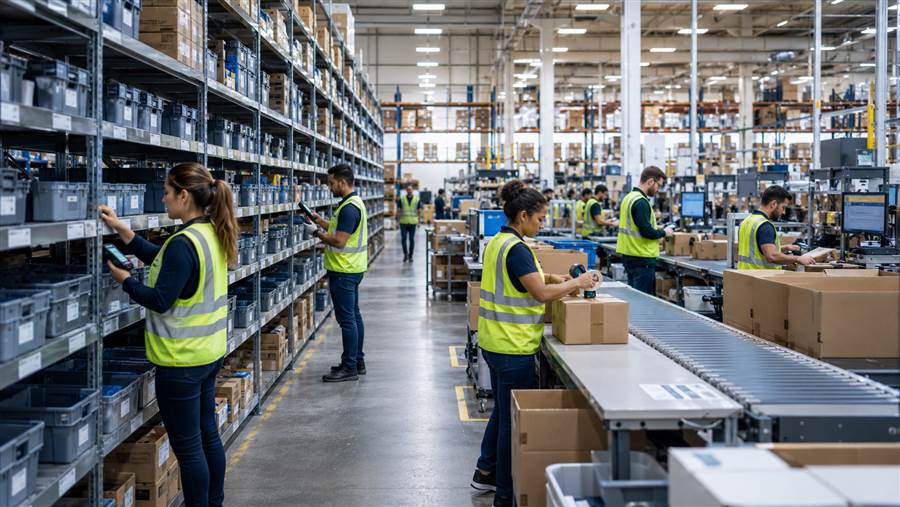 Interior of an ecommerce fulfillment warehouse with workers picking and packing online orders