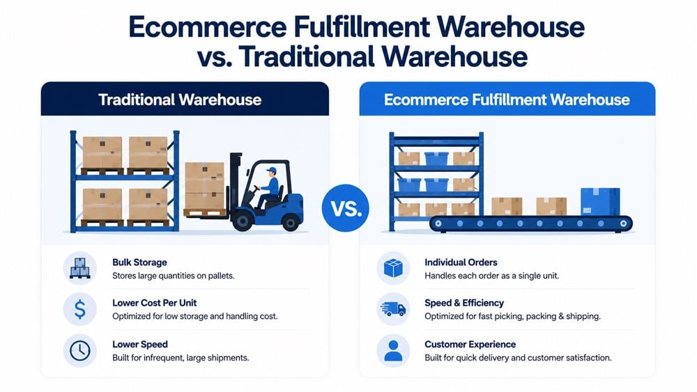 Infographic comparing an ecommerce fulfillment warehouse to a traditional warehouse