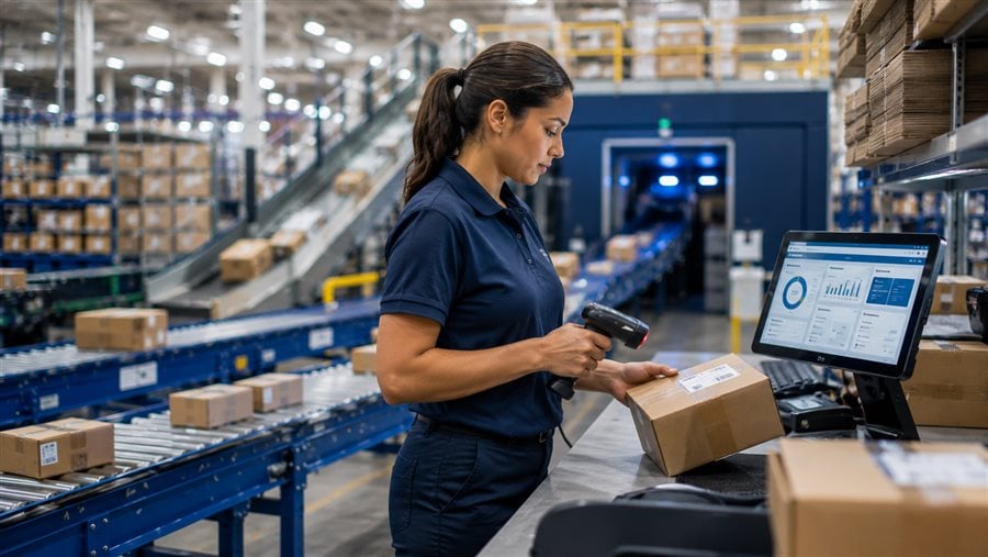 Warehouse worker using a WMS scanner at a packing station in an ecommerce fulfillment warehouse