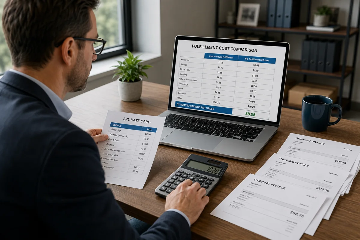 Business owner analyzing 3PL vs in-house fulfillment cost comparison on laptop