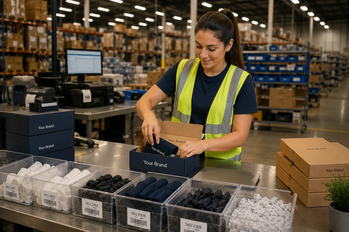 Warehouse worker assembling product kits at a 3PL fulfillment center packing station