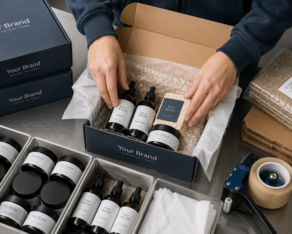 Close-up of kitting process with components being assembled into a branded subscription box