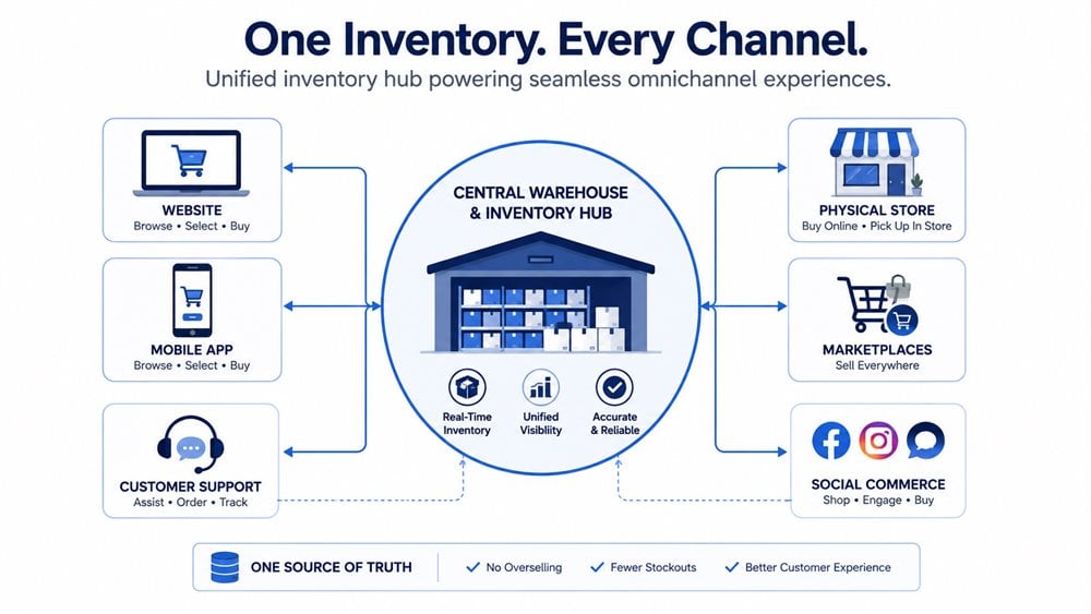Diagram of unified inventory powering omnichannel retail fulfillment across channels
