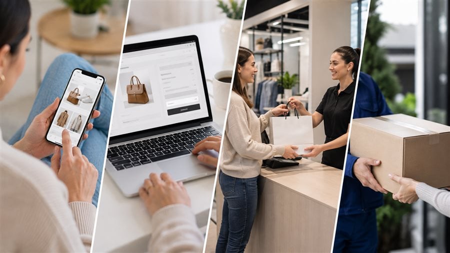 Connected omnichannel retail shopping journey across phone, laptop, store, and delivery