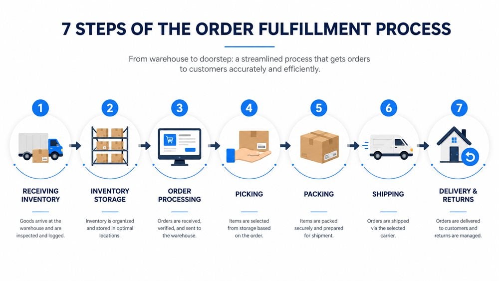 Order fulfillment process flow chart showing the seven steps from receiving inventory to delivery and returns