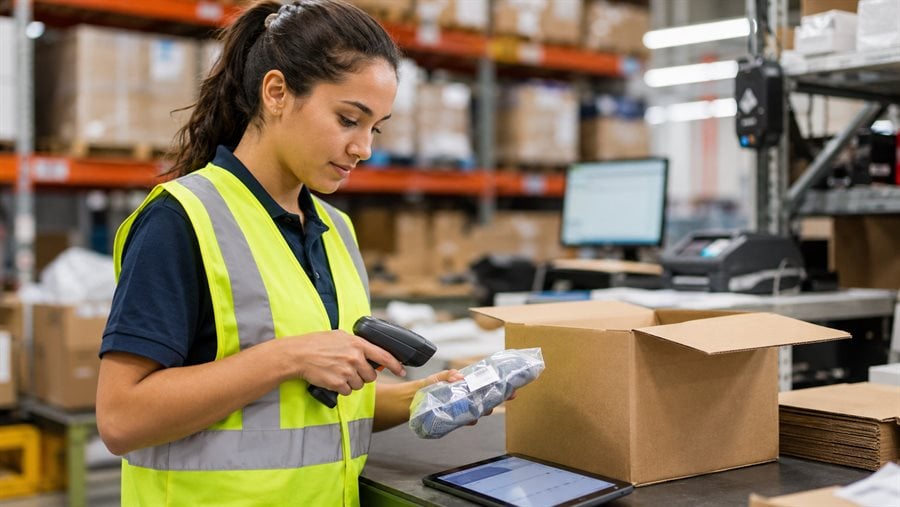 Warehouse picker scanning items during the picking and packing stage of the order fulfillment process