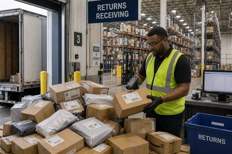 Reverse logistics flow showing returned ecommerce packages moving from customer doorstep back through 3PL warehouse inspection and restocking