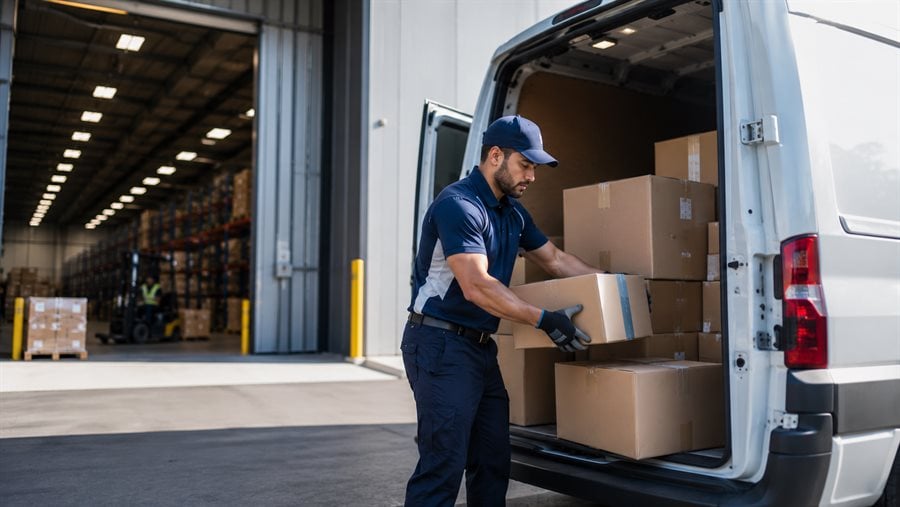 Same-day delivery courier loading parcels from a fulfillment center into a delivery van