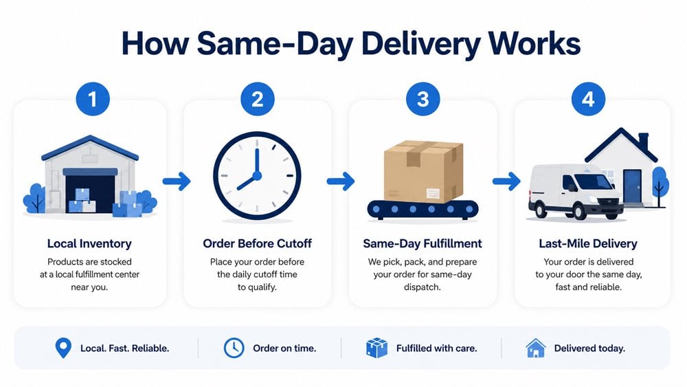 Infographic showing how same-day delivery works in four steps from local inventory to last-mile delivery