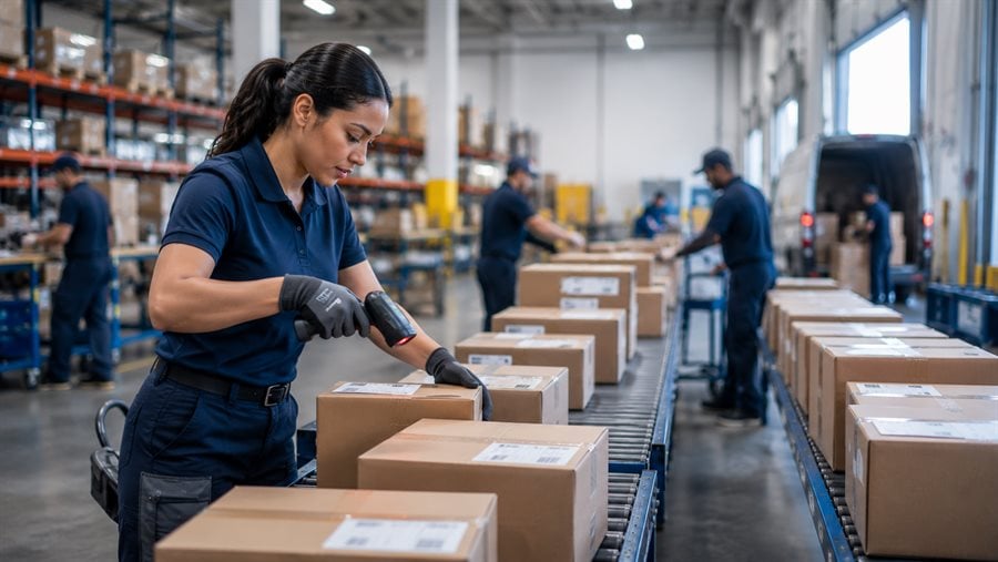 Warehouse staff staging packed parcels in a same-day dispatch zone for courier pickup