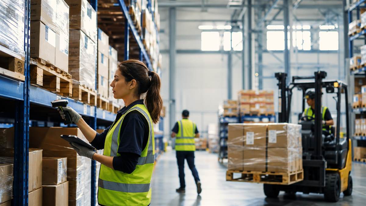 Third-party logistics (3PL) warehouse with a worker scanning inventory and a forklift moving pallets