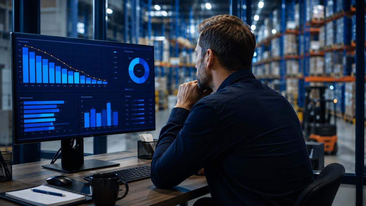 Warehouse manager reviewing an inventory analytics dashboard with value-ranking charts