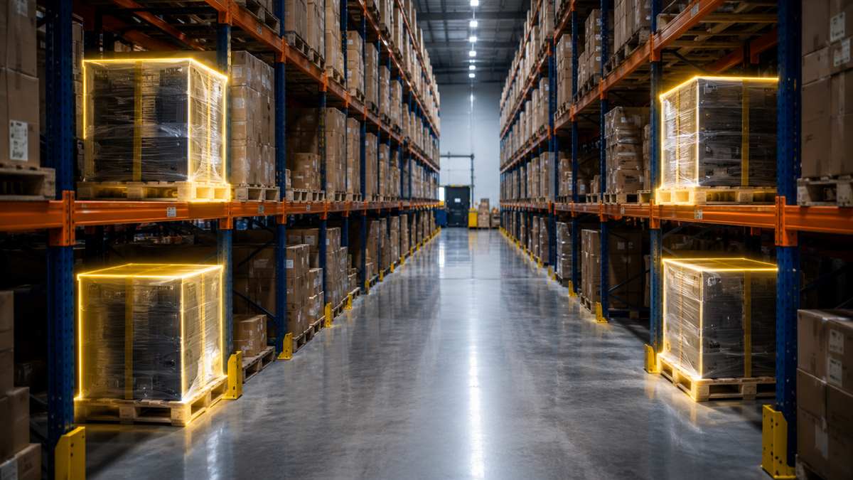 Warehouse aisle with a few high-value pallets highlighted, showing ABC prioritization