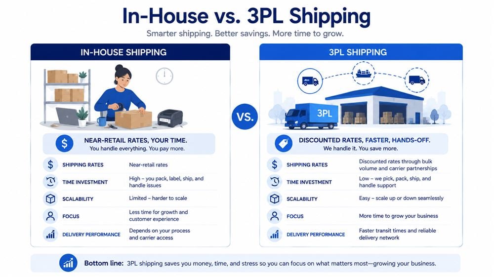 Infographic comparing in-house shipping and 3PL shipping for small business
