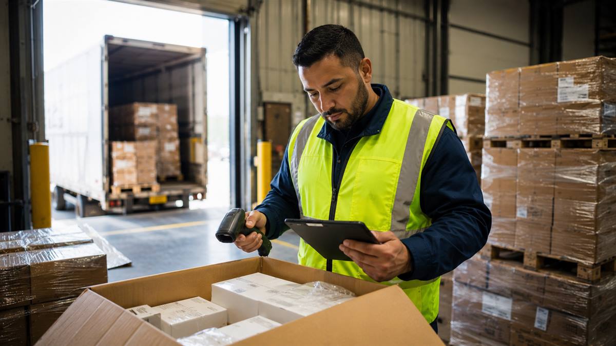 Worker verifying an inbound shipment at receiving to prevent inventory shrinkage