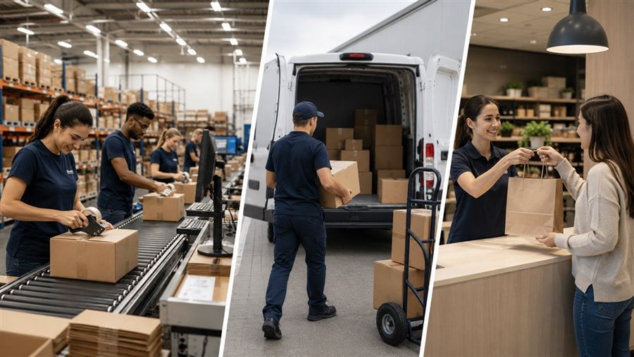 Omnichannel fulfillment operation shipping orders across warehouse, store, and delivery channels