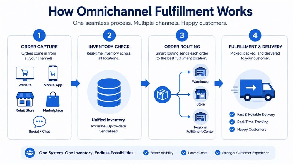 Infographic showing how omnichannel fulfillment works in four steps