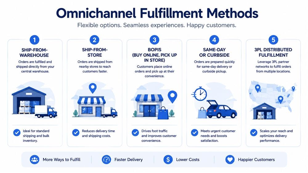 Infographic of omnichannel fulfillment methods including ship-from-store and BOPIS