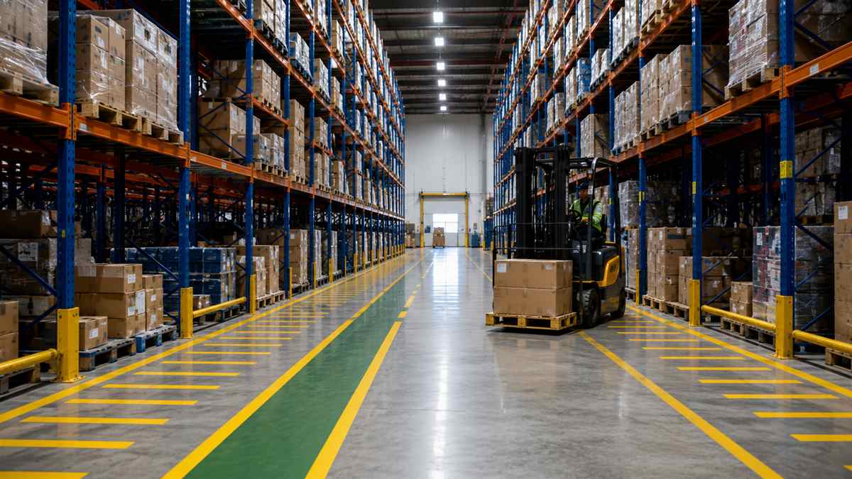 Warehouse aisle with painted floor markings and a marked pedestrian walkway beside an operating forklift