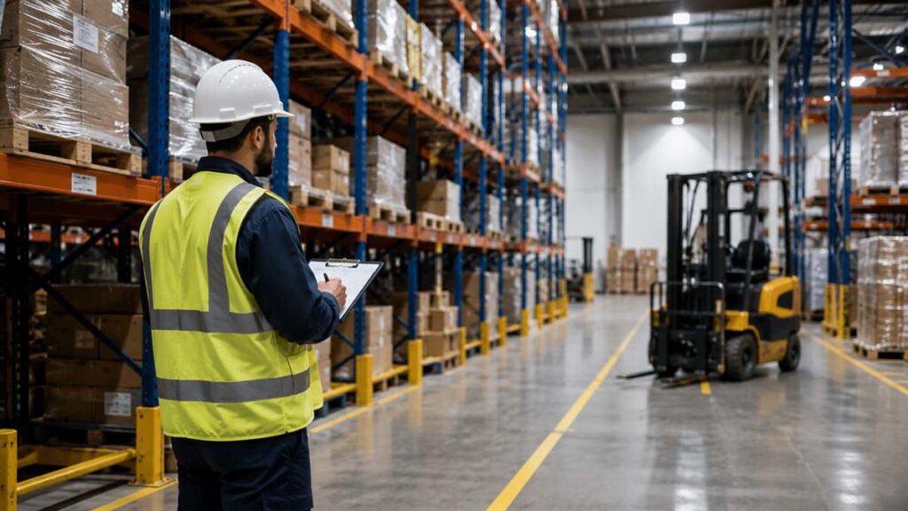 Warehouse safety inspection with a worker in hi-vis vest and hard hat checking racking near a forklift