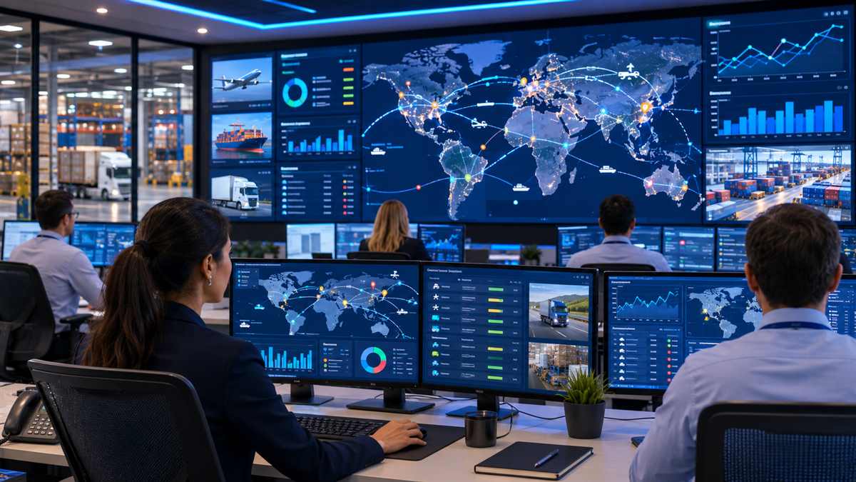 Supply chain logistics control room with real-time shipment tracking and inventory dashboards
