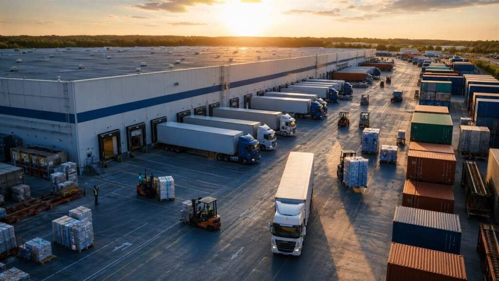 Supply chain logistics with trucks, loading docks, and shipping containers at a distribution center
