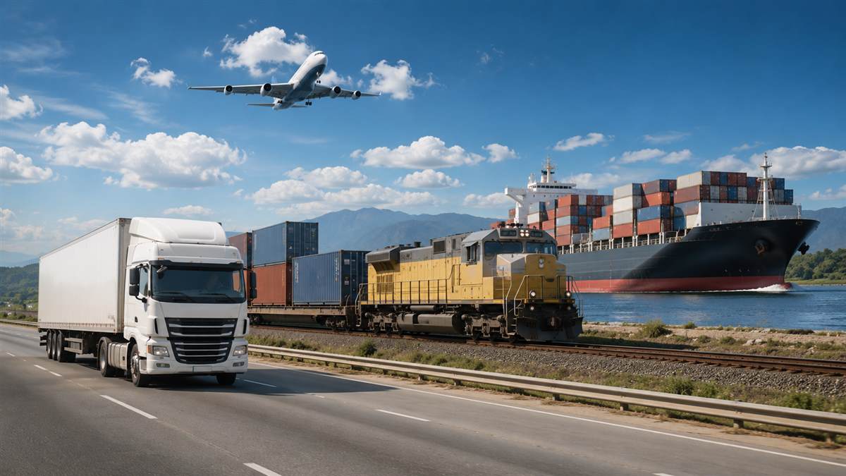 Multiple freight transportation modes — truck, rail, ocean, and air — in supply chain logistics