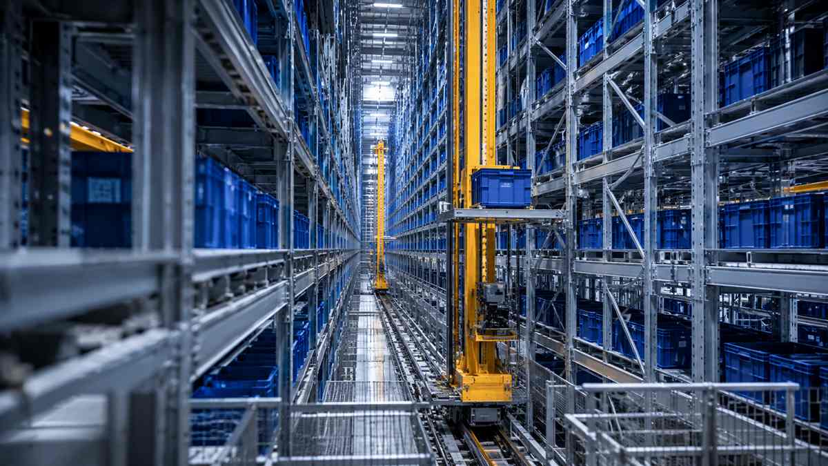 Automated storage and retrieval system (AS/RS) crane retrieving totes from high-density racking