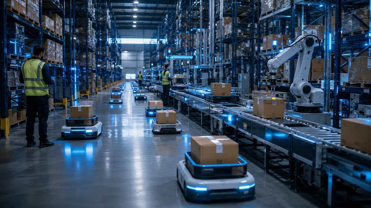 Warehouse automation with robots and conveyors supporting a warehouse management system