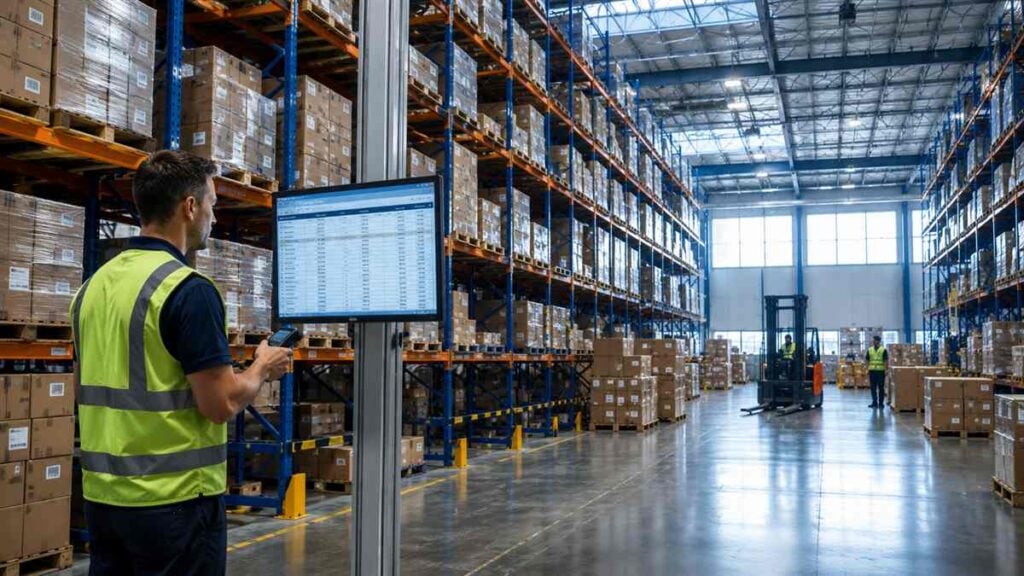 Warehouse management in action with organized racking and a worker scanning inventory