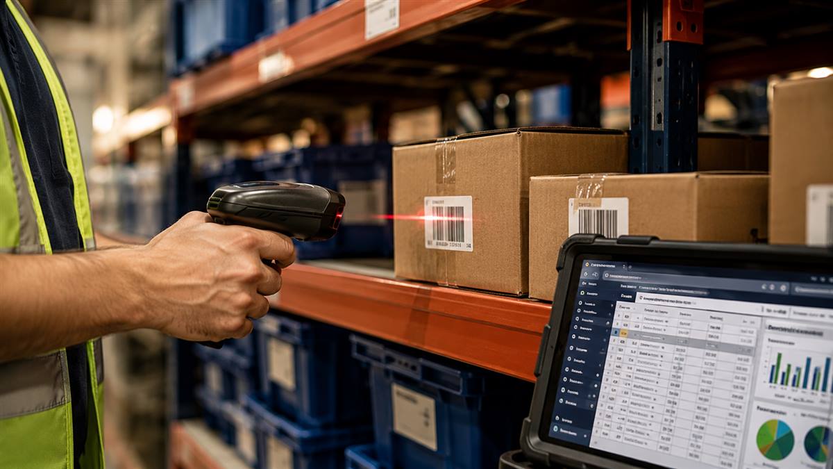 Worker using a warehouse management system to scan and track inventory