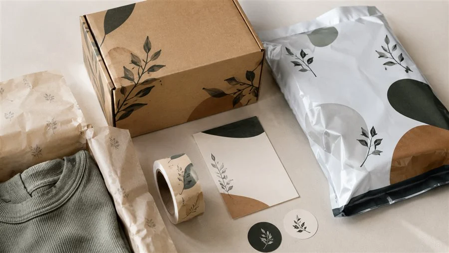 Branded custom packaging flat-lay with printed box, mailer, tissue, tape, and insert