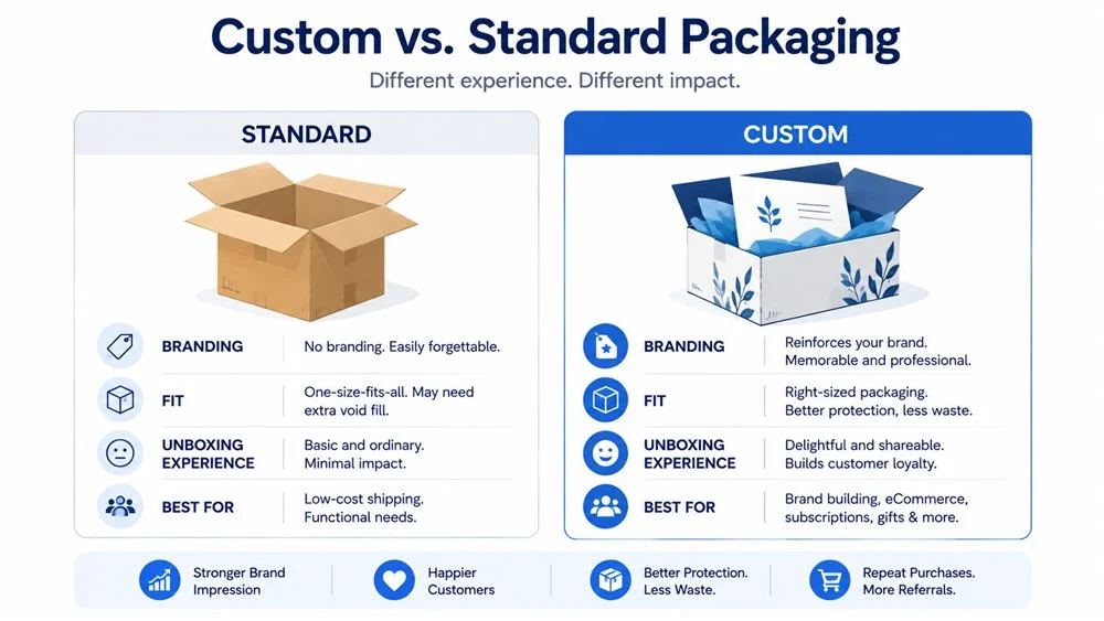 Infographic comparing custom packaging and standard packaging