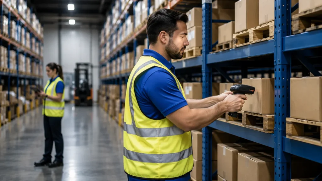 Warehouse worker scanning a carton on a pallet rack during a cycle count