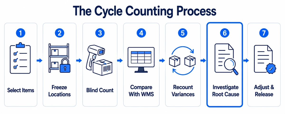 The seven steps of the cycle counting process, from selecting items to adjusting the record and releasing the location