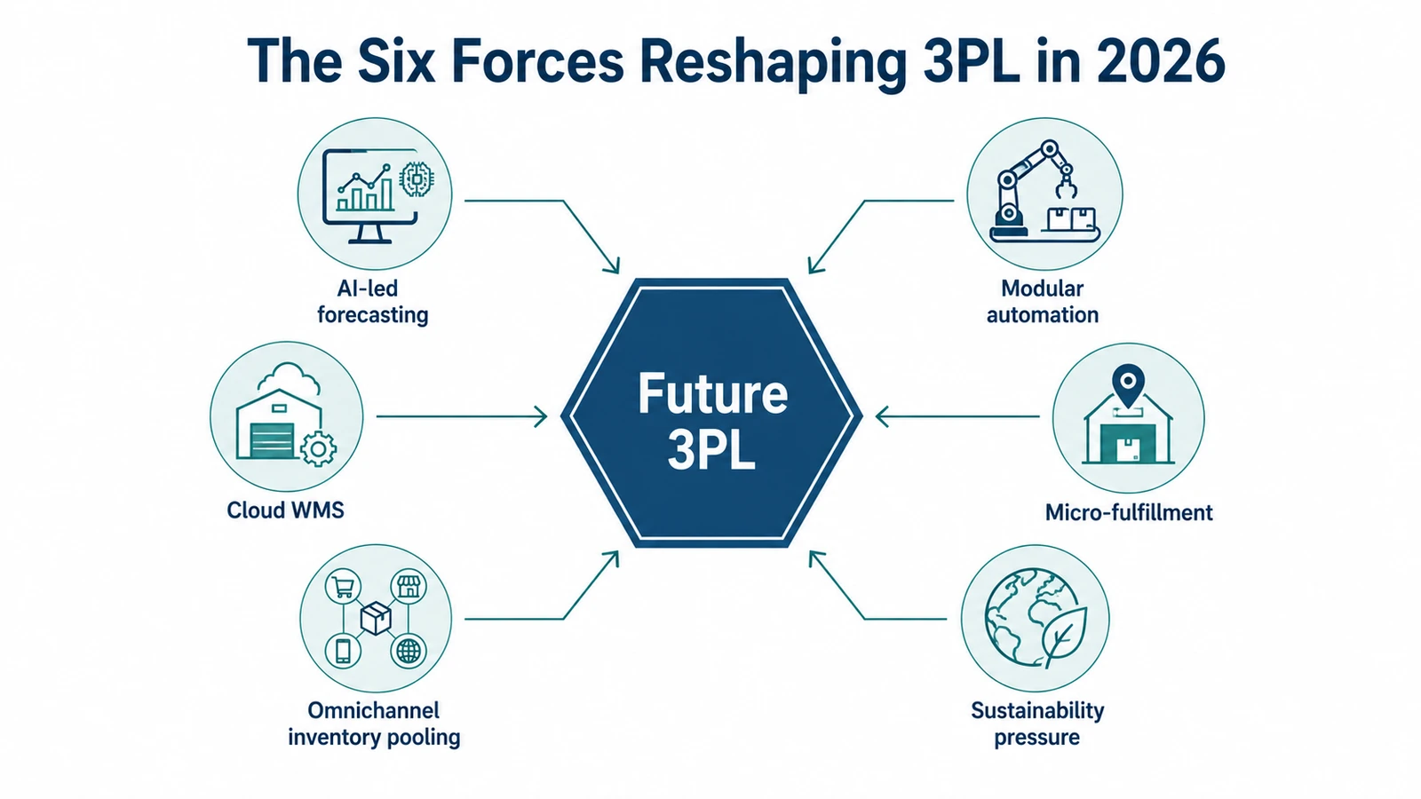The six forces reshaping 3PL in 2026: AI-led forecasting, modular automation, micro-fulfillment centres, sustainability pressure, cloud-based warehouse management systems, and omnichannel inventory pooling.