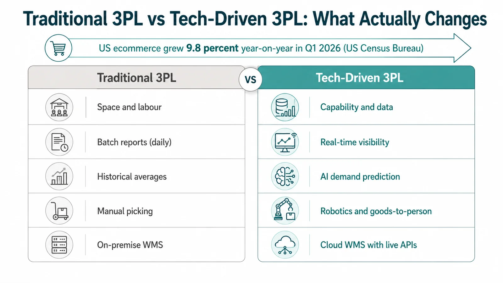 Traditional 3PL versus tech-driven 3PL comparison: space and labour becomes capability and data, batch reports become real-time visibility, historical forecasting becomes AI demand prediction, manual picking becomes robotics and goods-to-person, on-premise WMS becomes cloud WMS with live APIs. Above them, US ecommerce grew 9.8 percent year-on-year in Q1 2026.